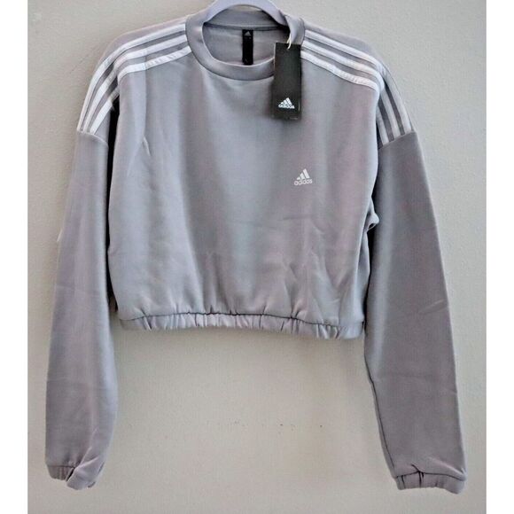 adidas HF4155 Women's Sz L Gray Cropped Cotton Blend Crew Neck Sweatshirt $60 - Picture 1 of 9